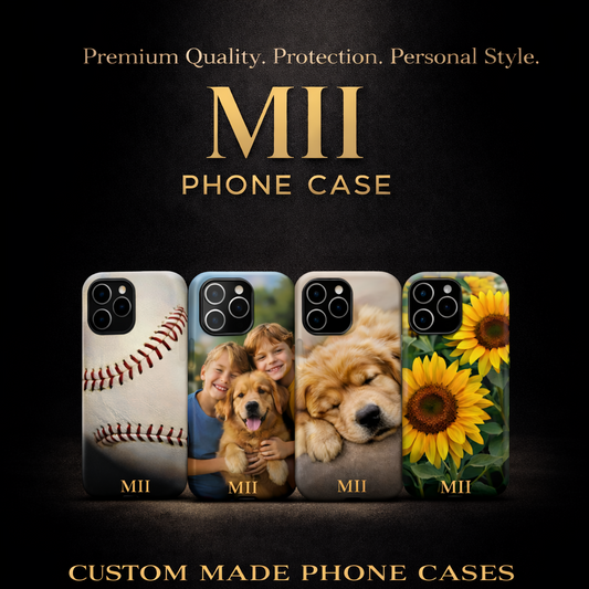 MII phone case advertisement with four different designs on a black background